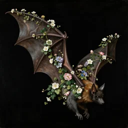 renaissance painting of a bat wing wrapped in climbing flowers seen in profile, black background, high quality, no blur, 4 k