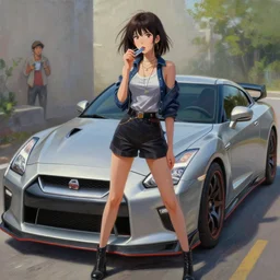 A ultradetailed beautiful panting of a stylish girl standing in front of a Nissan GTR, Oil painting, by Ilya Kuvshinov, Greg Rutkowski and Makoto Shinkai