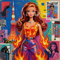 acrylic painting of a woman as a barbie doll in fire fashion in tokyo, mixed media collage by basquiat and jackson pollock, maximalist magazine collage art, retro psychedelic illustration