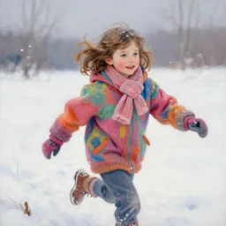 a seven year old girl with short wavy curly light brown hair and blue eyes wearing colorful winter clothes is running in a snowy field. beautiful painting by artgerm and greg rutkowski
