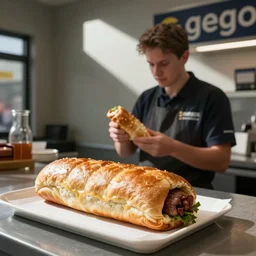 fallguys bean at his saturday job working for greggs, photograph, documentary photography, sauage rolls
