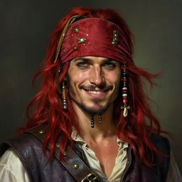 portrait of a young ruggedly handsome but joyful pirate, male, masculine, upper body, red crimson crimson hair, long flowing hair, fantasy, smug smirk, intricate, elegant, highly detailed, digital painting, artstation, concept art, matte, sharp focus, illustration, art by artgerm and greg rutkowski and alphonse mucha