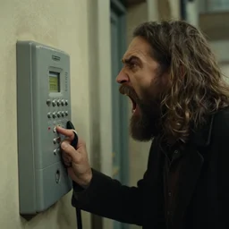 cinematography long haired bearded man screaming to the gate interphone by emmanuel lubezky