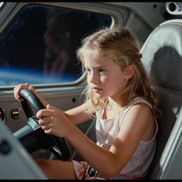 Home video footage, A girl playing in the space ship, summer. Color VHS picture quality with mixed noise, Filmed by dad.