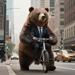 digital art of a businessman riding a bear in the city