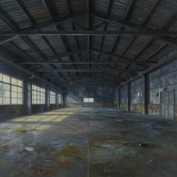 gouache matte painting!!! ground panorama of empty metal warehouse, underground base interior, dramatic, cinematic angle, studio ghibli, makoto shinkai, pixar painting, cinematic lighting, detailed gouache painting, hyperrealistic, 8 k