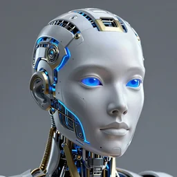 intricate 3d render, ultra detailed, of a complex robotic human face, 3 point lighting, blue rim light, silver gold red details, hexagonal mesh wire, filigree intricate details, hyperrealistic, anatomical, cinematic camera angle, fleshy muscalature, elegant, octane render, 8k post-processing