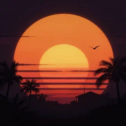 retrowave vintage sunset, black surround silhouette, digital painting, artstation
