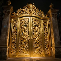 a ornamental gate into hell, gold, ornament, intarsia, portal, doorway, dynamic lighting, ambient lighting, atmospherical, photorealistic fantasy concept art, trending on art station, stunning visuals, creative, cinematic, ultra detailed