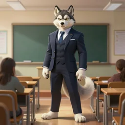 full body photograph of a male anthropomorphic malamute fursona wearing a nice suit in a school classroom, deep focus, intricate, elegant, highly detailed, digital painting, artstation, concept art, matte, sharp focus, illustration, d & d, fantasy, hearthstone, art by artgerm and greg rutkowski and alphonse mucha