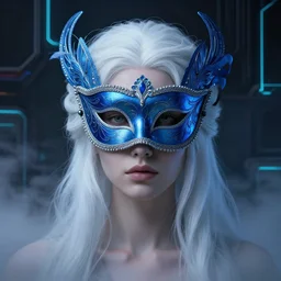 centered portrait of a beautiful white haired woman wearing a blue venetian mask, intricate concept art, ethereal, highly detailed, artstation, smooth, sharp focus, mist, volumetric lighting, darksynth, illuminated neon lines, outrun, vaporware, octane render, 8 k, by ruan jia and ilya kuvshinov and alphonse mucha