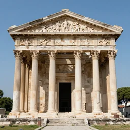 a roman temple with carvings of anime characters
