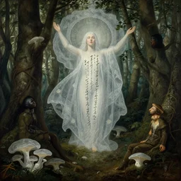 forest, by anthony van dyck, artstation, by aubrey beardsley, by ben enwonwu, by caspar david friedrich, by ivan shishkin, calligraphy, divine, paradox, array, translucent, lace, mycelium, as symbol of soul journey, hope, wilderness