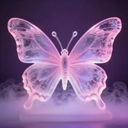 butterfly ice sculpture, pink, purple, glow, aestheticly pleasing smoke at the bottom of the photo