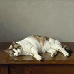 lazy cat by Norman Rockwell and Gil Elvgren, highly detailed,soft lighting, film grain, medium format, 8k resolution, oil on canvas