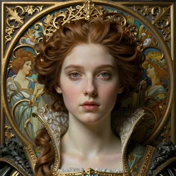 beautiful young medieval queen by zdzisław beksinski, iris van herpen, raymond swanland, craig mullins and alphonse mucha, face centered portrait, hyperdetailed realistic smooth polished porcelain, art nouveau, ornate gothic icon with heavy patina, ultrasharp hyperdetailed photorealistic octane render