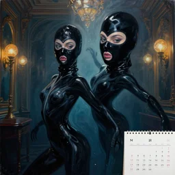 two abstract beautiful female body silhouettes, beautiful acrylic fluid portrait, photography by amy leibowitz and filip fedorov, black latex female balaclava, female calendar, ballerina body covered with black water, underwater, old victorian room with glowing globes, close up portrait, cinematic still, film still, magic hour, dark shadows, fashion portrait, cold colors, long exposure,