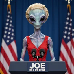 photograph of a an alien, gray alien, wearing a blond wig and a red dress and ((Joe Biden)) at a press conference, highly detailed, 4K