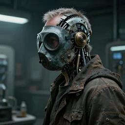 a half - masked rugged old laboratory engineer man with cybernetic enhancements as seen from a distance, scifi character portrait by greg rutkowski, esuthio, craig mullins, 1 / 4 headshot, cinematic lighting, dystopian scifi gear, gloomy, profile picture, mechanical, half robot, implants, steampunk