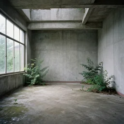 an abandoned room in a concrete building, few overgrown plants, dreamy, overcast, by hans bellmer