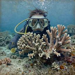coral life nuanced shading stunning extravagant rocky sea floor glimmering thin contours mixed media aged fresco, abandoned scuba visor cracked multifaceted photo of a painting