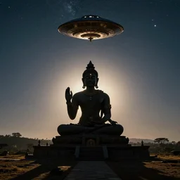 Film still of silhouette of indian statue, sukhasana, starry sky, flying saucer, with radiating hill, full shot
