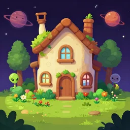 in front of a strange looking house, in a small town on an alien planet, alien plants and flowers in a garden in front of the house, from a space themed Serria point and click 2D graphic adventure game, made in 2019, high quality graphics