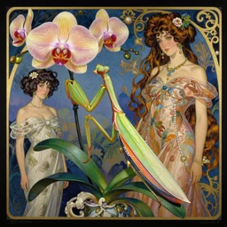majestic colorful orchid mantis by leon bakst and yoshitaka amano, beautiful hyperdetailed art nouveau orchids, james jean, carlos schwabe, amanda sage