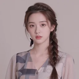 a medium shot portrait, subtle pastel tones, subdued expression, enticing eyes, beautiful feminine facial features, braided hair, clothing created with geometric flourishes, beauty, elegance, stature