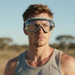a beautiful portrait of a bloke wearing geordi's visor from star trek and a tank top, on a hot australian day, high quality, photography, volumetric lighting, 8 k