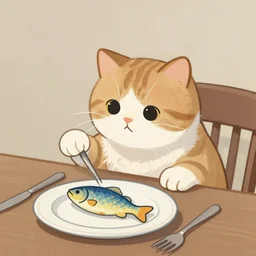 cute painting of a cat trying to steal a fish from a plate on a dinner table