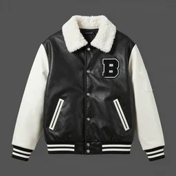 black and white letterman leather jacket fur collar p patch on left chest side, tech pockets,