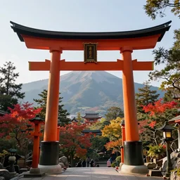 traditional elegant delicate Japanese Torii in a colorful magic moutain with trees ,morning , sunshine ,by Grzegorz Rutkowski, concept art
