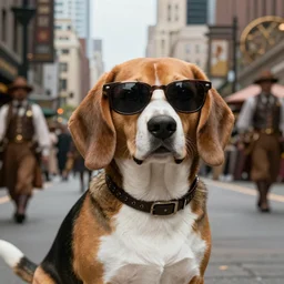 sublime portrait of a beagle with sunglasses, medium shot, busy metropolis background, steampunk era
