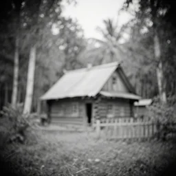 old baba yaga house in the tropical wood, pale light, pinhole camera effect, lomography effect, analogue photo quality, monochrome, blur, unfocus
