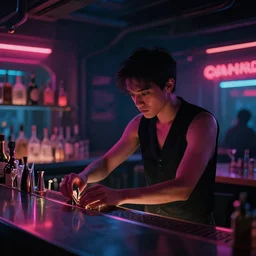“ bartender in a hong kong speakeasy, in the cyberpunk future of 2 1 1 2, neon - lit, neurotic, lonely, evoking edward hopper ”
