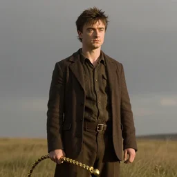 film still of daniel radcliff as ikiris from the film eternals, hd, 8 k, high resolution, cinematic, golden hour lighting, beautiful hair, holding golden whip, photorealistic, on a field, grey sky, shadows