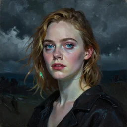 Elle Fanning as a hologram in the world of Adam Wyeth, head and shoulders portrait, stormy weather, extremely detailed masterpiece, oil on canvas, low-key neon lighting, artstation, Blade Runner 2049, Roger Deakin’s cinematography, by J. C. Leyendecker and Peter Paul Rubens and Edward Hopper and Michael Sowa,