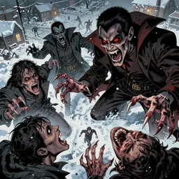 Rafael Albuquerque comic art, Joshua Middleton comic art:: action shot of scary vampires red eyes attacking and eating people, open mouths sharp teeth, long sharp fingers long nails:: horror, grotesque, fighting aggression, battle:: snow, overhead shot downward angle, people screaming and running, small town
