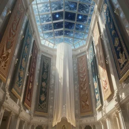 polygonal monastery with giant walls and glass ceilings showing the stars and hanging silk drapery and tapestries, light dust, magnificent, close up, sharp focus, elegant, highly detailed, illustration, by jordan grimmer greg rutkowski wlop maya takamura, intricate, trending artstation, pixiv, digital art