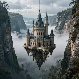 floating castle hanging by chains in the air, inside a gorge, below only cloud dark void, 8k resolution