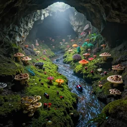 a colorful fungus garden in a cave, birds eye view, hiroo isono, dark!!!!!, foggy, cavern, underground!!!!, beetles running through the moss, psychedelic, river running through it