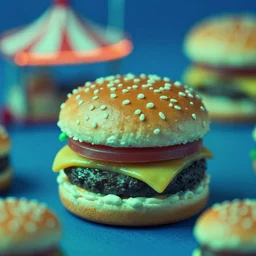 cheeseburger theme park, miniatures, blue and green filter, 2 0 0 0 s macro