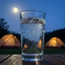 [ [ a cup of sparkling water ] ] with shiny crystals in it, camp site, dusk, moon light, hdr, backlit, ( dramatic angle ) 8 k f 2. 5 1 0 mm