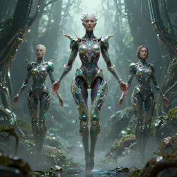 karol bak and tom bagshaw and bastien lecouffe - deharme full body character portrait of the borg queen of sentient parasitic flowing ai, floating in a powerful zen state, supermodel, beautiful and ominous, wearing combination of mecha and bodysuit made of wires and fractal ceramic, machinery enveloping nature in the background, artstation scifi character digital concept