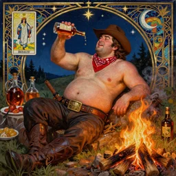 a dramatic, epic, ethereal painting of a (!!!handsome!!!) thicc chunky beefy mischievous shirtless with a big beer belly wearing a large belt and bandana offering a whiskey bottle | he is a cowboy relaxing by a campfire | background is a late night with food and jugs of whisky | homoerotic | stars, tarot card, art deco, art nouveau, mosaic, intricate | by Mark Maggiori (((and Alphonse Mucha))) | trending on artstation