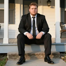 A clean-shaven chubby white man wearing a black suit and black necktie and black dress shoes sitting n the porch of his house during golden hour