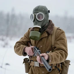 A photo of a man in a ww1 gas mask holding a shotgun in a blizzard