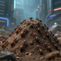 ants building an anthill, cyberpunk, cinematic, 4k,