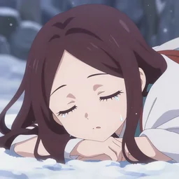 isekai extremely cute manga anime kitsune girl sleeping in snow den, tears, simplified smooth stylized and symmetrical face, detailed eyelashes, depth focus, chromatic aberration, noise, soft lighting, srgb, 4 k, cinematic rembrant kuvshinov ross tran craig mullins leyendecker wlop guweiz